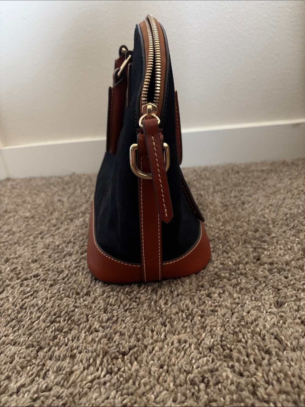 Dooney & Bourke Dome Satchel - never used!Dark Navy suede w/ Brown Leather Trim - Picture 3 of 6